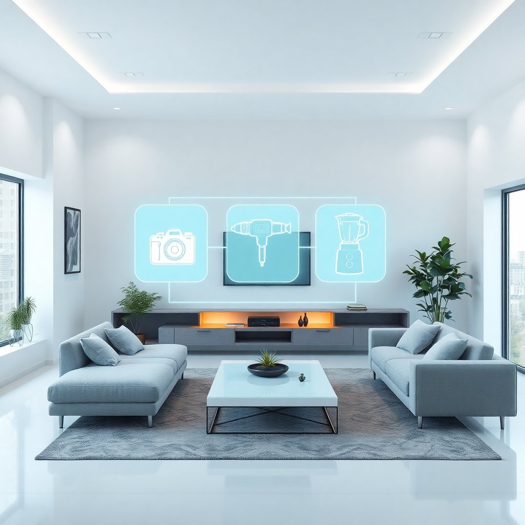 A modern, minimalist living room with a floating digital interface showing icons of household items like a camera, a drill, and a blender. Glassmorphism style, soft ambient lighting, high-tech but cozy atmosphere, 8k, photorealistic.